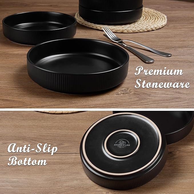 E-far Pasta Bowls Set of 6, 35oz Large Salad Bowl Plate for Dinner Serving Soup, Wide & Shallow Ceramic Stoneware Pasta Plates, Microwave & Dishwasher Safe, Reactive Glaze Texture-Stripe, Matte Black