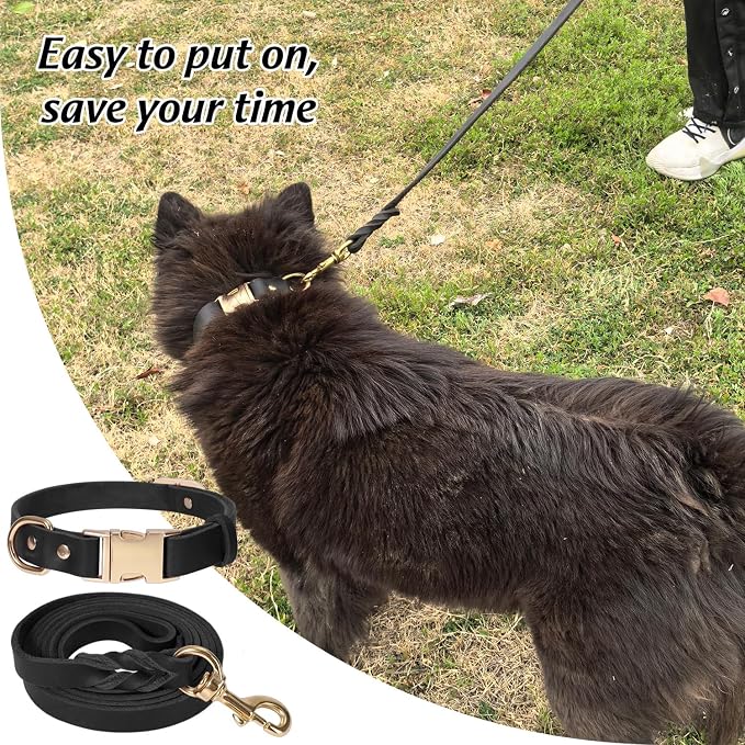 LWBMG 5FT Leather Dog Collar and Leash Set, Heavy Duty Dog Leash and Collar with Metal Buckle,Adjustable Pet Collar and Leash, Soft Pet Leash and Collar Set for Small Medium Dogs Black