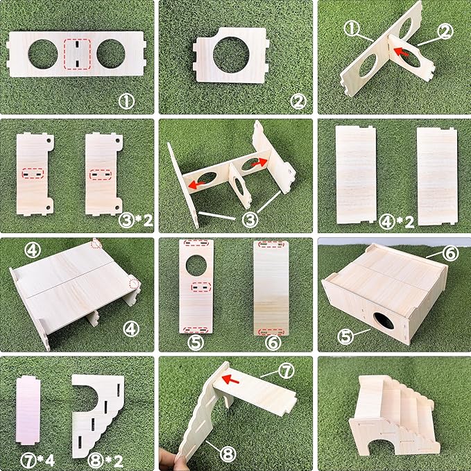 Wooden Hamster Hideout Tunnel Multi-Chamber House Hiding Hut Maze Platform Habitats Exploring Toys for Gerbil Rat Mice