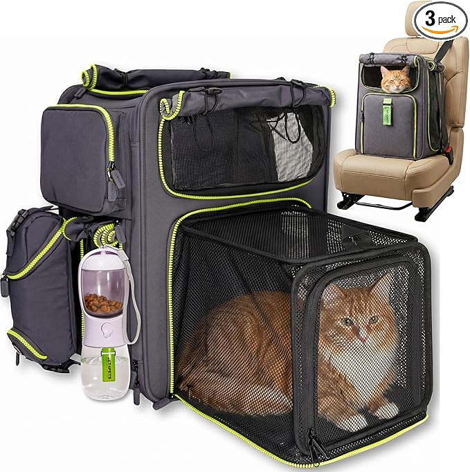 Premium Expandable Cat Carrier Backpack with Car Seat Belt Safety System – Rigid Frame Pet Carrier Backpack for Cats & Small Dogs up to 25 lbs – Breathable, Durable – Includes Bottle & Feeding Bowl