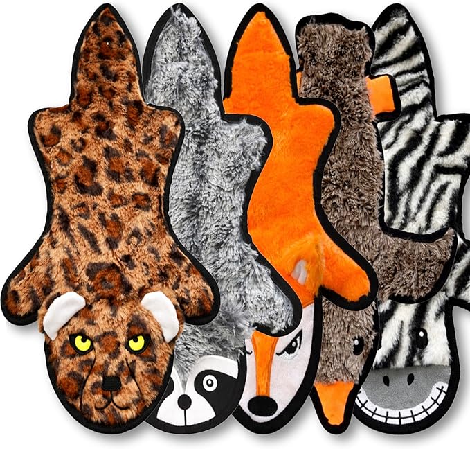 Jalousie 5 Pack Ultra Tough No Stuffing Squeaky Dog Toys for Large Dogs No Mess Interactive Durable Plush Chew Toy Indestructible Dog 6 Layers (5 Pack Strong Plushy Animal Pattern, Small to Medium)