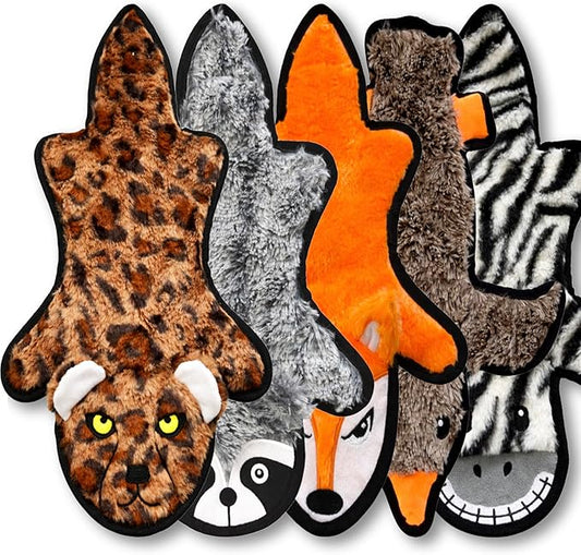 Jalousie 5 Pack Ultra Tough No Stuffing Squeaky Dog Toys for Large Dogs No Mess Interactive Durable Plush Chew Toy Indestructible Dog 6 Layers (5 Pack Strong Plushy Animal Pattern, Small to Medium)