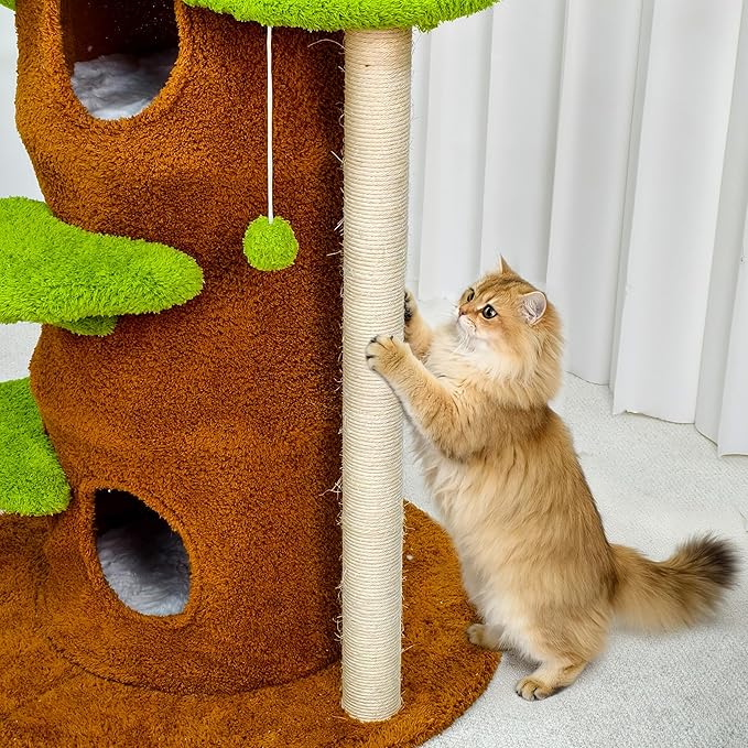 Modern Cat Tree Tower: 73.6” Tall Cat Tree for Indoor Cats Large Adult with Sisal Scratching Post - Extra Large Heavy Duty Wooden Green Cat Tree with Plush Condo