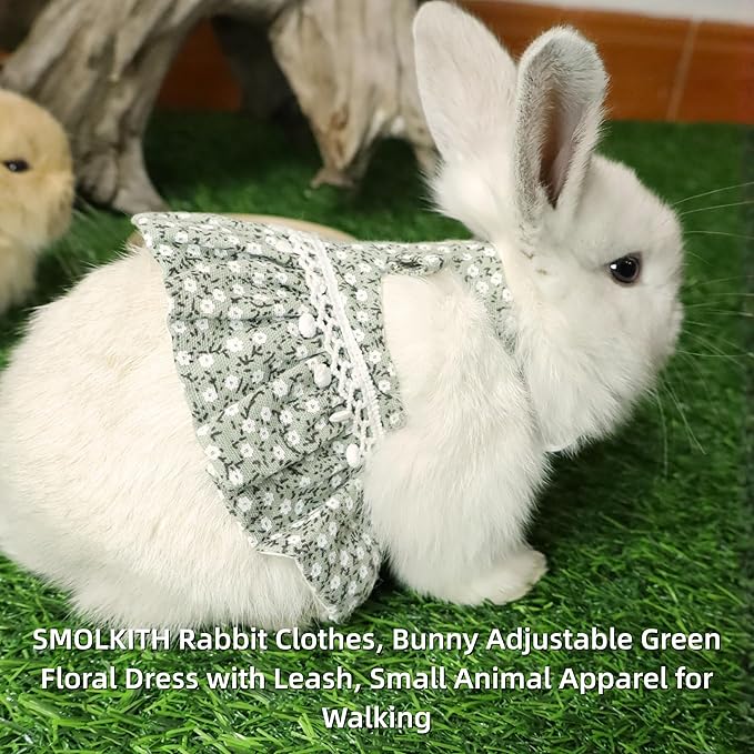 SMOLKITH Rabbit Clothes - Bunny Adjustable Green Floral Dress with Leash, Small Animal Apparel for Walking - Fits Guinea Pigs, Chinchillas, Meerkats, Prairie Dogs, Pet Rats and More