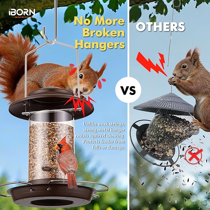 iBorn Bird Feeder Metal Squirrel Chew-Proof Bird Feeders for Outdoors Hanging for Cardinal Outside, Holds 1.5LB Seed with 3 Perchs, Bronze (Seed is not Included)