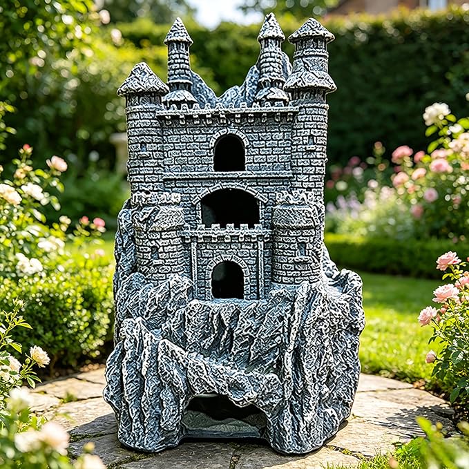 Teaeeno Age-of-Magic Wizard’s Castle Aquarium Décor-Resin for Freshwater and Saltwater Fish Tanks-Large House Ornament Kit -Cute Fish Tank Decor Aquarium Decor-Charming Castle Decor Statue(Stone)