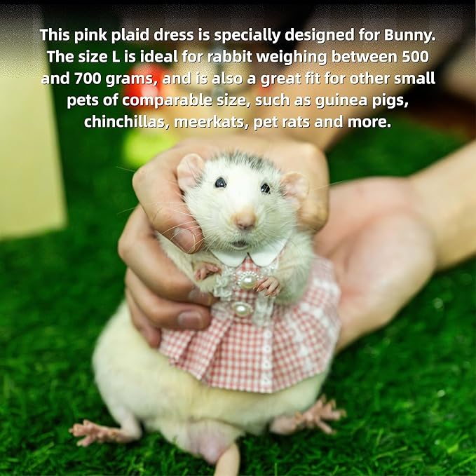 SMOLKITH Rabbit Clothes - Bunny Adjustable Pink Checkered Dress with Leash, Small Animal Apparel for Walking - Fits Guinea Pigs, Chinchillas, Meerkats, Prairie Dogs, Pet Rats and More