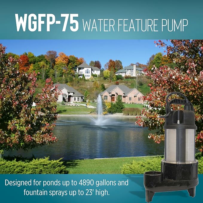 Little Giant WGFP-75, 115V, 3/4 HP, 4890 GPH Water Feature Pump, 19' cord | Stainless steel and cast iron body for powering water features, fountains, and pond filtration systems, 566069