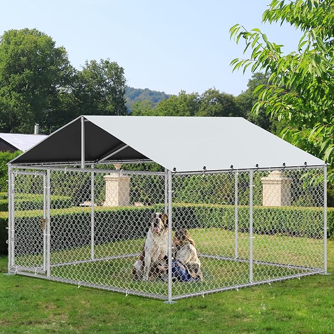 YITAHOME 10'x10' Outdoor Dog Enclosure with Metal Dog Gate, Dog Kennel Outside with Roof, Dog Fence Outdoor for Yard