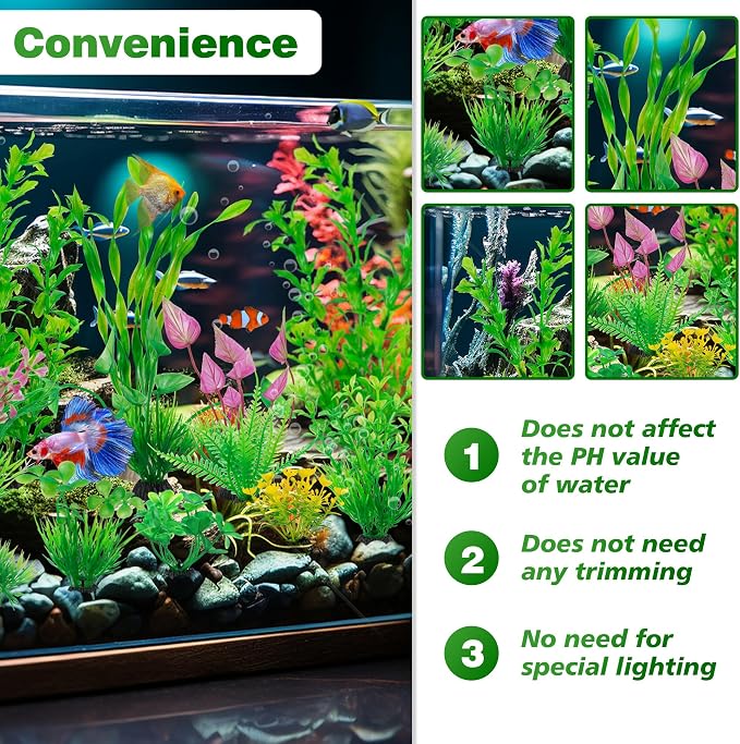 Ameliade 14 PCS Soft Plastic Aquarium Plants Green Fish Tank Decor Set | Aquarium Decorations and Accessories, Small Fish Bowl Artificial Safe Ornaments for Betta Goldfish and Turtle