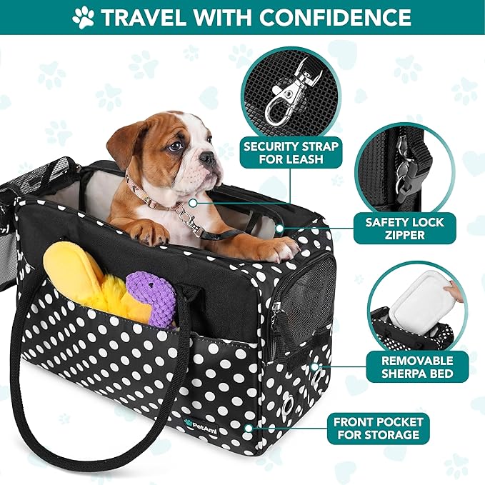 PetAmi Dog Purse Carrier for Small Dogs, Airline Approved Soft Sided Pet Carrier with Pockets, Ventilated Dog Carrying Bag for Puppy Cat, Dog Travel Supplies Bag, Sherpa Bed, Max 12 lbs, Polka Dot