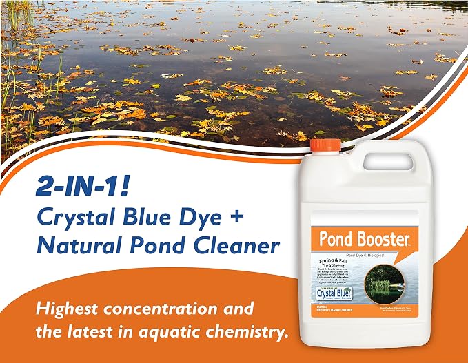 Crystal Blue Pond Booster - Blue Pond Dye & Natural Pond Cleaner Combo - Treats up to 1 Acre - Crystal Blue Water While Reducing Muck & Sludge - 1 Gallon