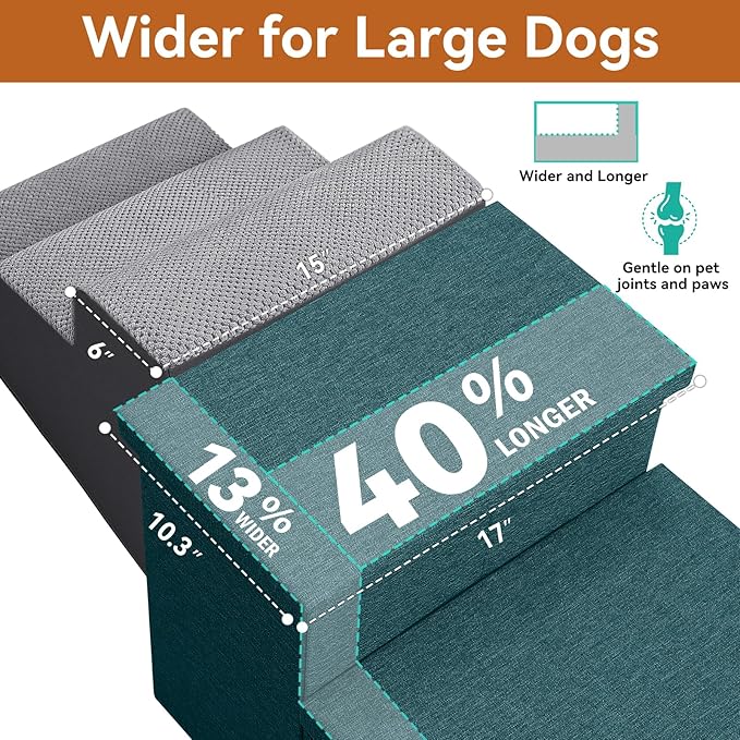 Zerbuger Dog Stairs with Storage 18" H, 3-Step Wider Dog Steps for Small/Medium/Large Old Dogs Cats, Folding Sturdy Pet Stairs for Climbing Bed Couch, Ramp for Car Hold Up to 200 lbs, Dark Green