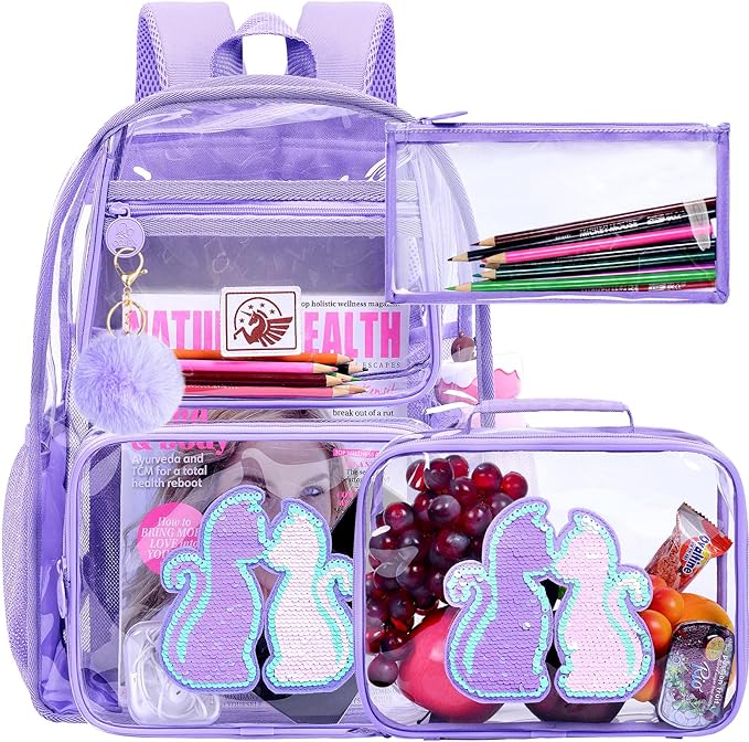 Clear Backpack for Girls and Boys, Kids Transparent Bookbag, 3PCS Cute See Through School Bag for Elementary Prechool