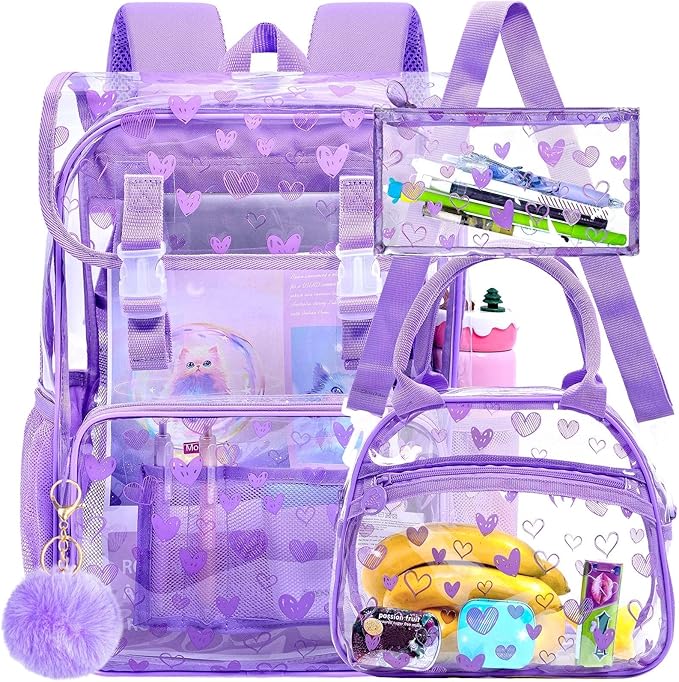 17" Love Heart Clear Backpack for Girls - 3Pcs Flip Design Stadium Approved Set, Campus/Travel Transparent Bookbag (Purple)