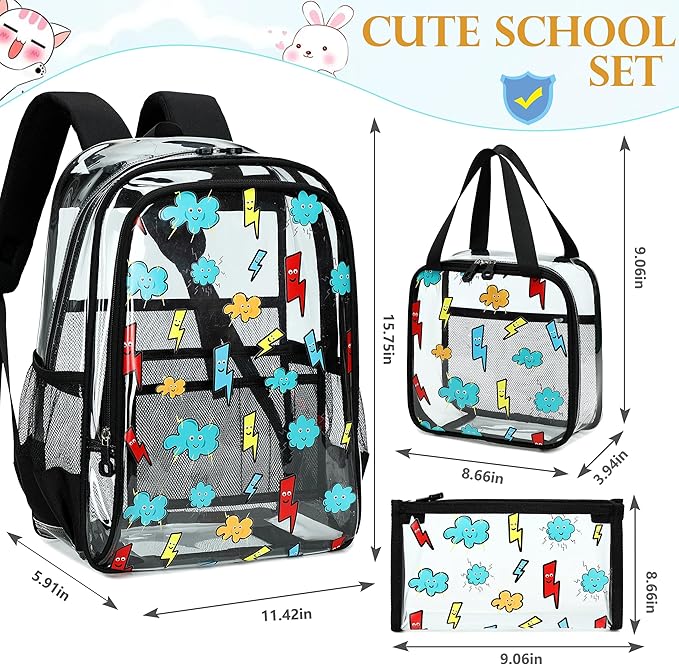 AO ALI VICTORY Clear Backpack for Boys Girls,16 Inch Kids Clear Backpack Set with Lunch Bag PVC Elementary Bookbag for School Students See Through Transparent Travel Back Pack,Black Lightning