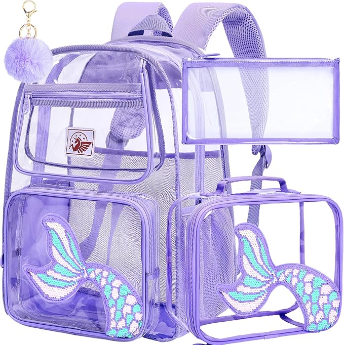 AGSDON 3PCS Clear Backpack for Girls, Kids Mermaid Transparent Backpack with Heavy Duty PVC, See Through Backpacks with Lunch Bag-Purple