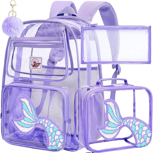 AGSDON 3PCS Clear Backpack for Girls, Kids Mermaid Transparent Backpack with Heavy Duty PVC, See Through Backpacks with Lunch Bag-Purple