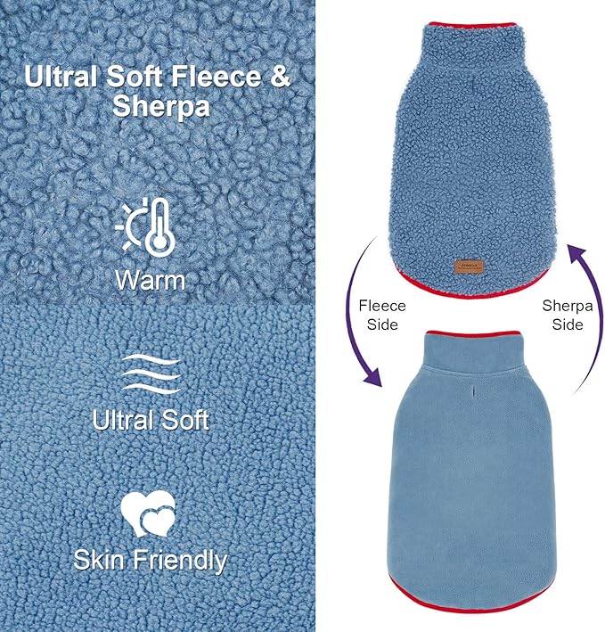 cyeollo Fleece Dog Jacket Sherpa Cozy Winter Dog Sweaters Reversible Pet Clothes Warm Cold Weather Coats for Small Dogs, Blue XL