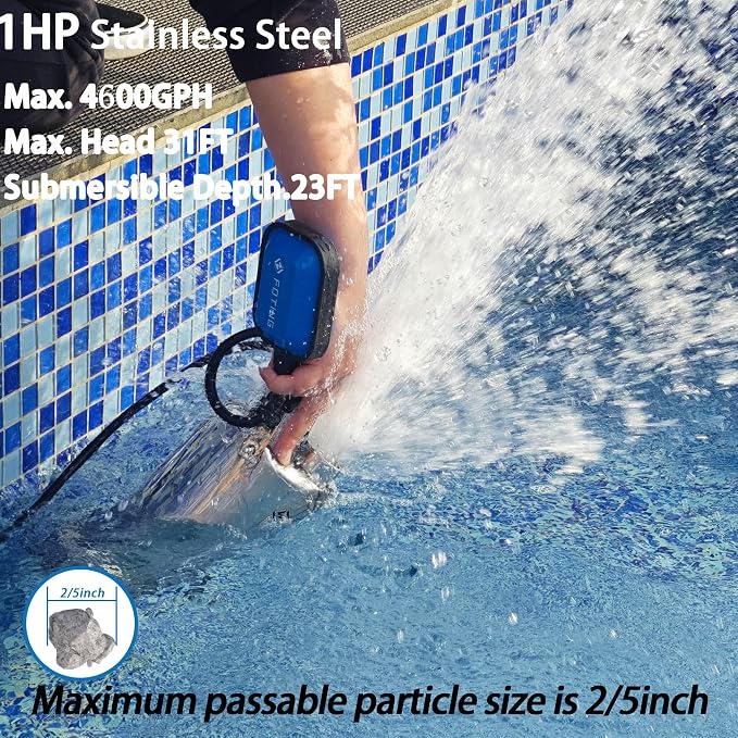 FOTING Full 304 Stainless Steel Sump Pump with Float Switch - 1HP 4600GPH Automatic Submersible Water Pump Fast Water Removal in Pools, Basements, Sewage, Hot Tubs Heater Flush Pit, ponds w/ 10FT Cord