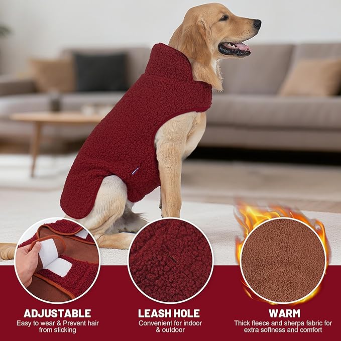 cyeollo Warm Dog Coat Fleece Sherpa Winter Sweater Coats, Turtleneck Reversible Jackets for Small Medium Large Dogs with Leash Hole, Soft Cold Weather Vest, Burgundy, XXL