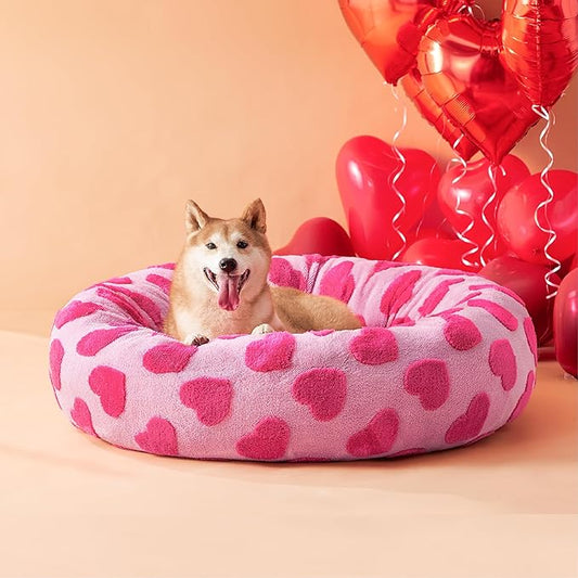 Lesure Shown on TV Donut Large Dog Bed - XL Round Beds Indoor Calming Valentine's Day Gift for Pets, Washable Cute Home Decor Beds with Jacquard Shaggy Plush & Anti Slip Bottom, 36 Inch, Lover Hearts