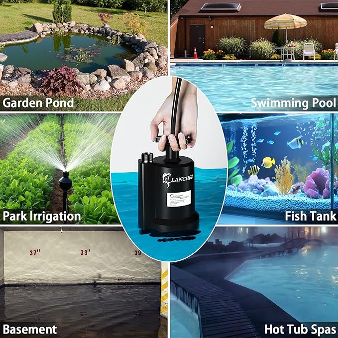 Lanchez Sump Pump, 1/2 HP 2450GPH Submersible Water Pump, Utility Pump Thermoplastic Portable Electric Transfer Pump for Hot Tub Swimming Pool Basement Garden Pond Tubs Draining with 10FT Cord