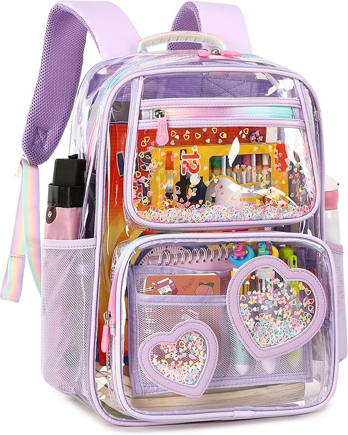 Clear Backpack for Girls,Clear Bookbag Heavy Duty Transparent Backpacks for Stadium Events, See Through Back Pack for Kindergarten Elementary Middle High School (Purple)