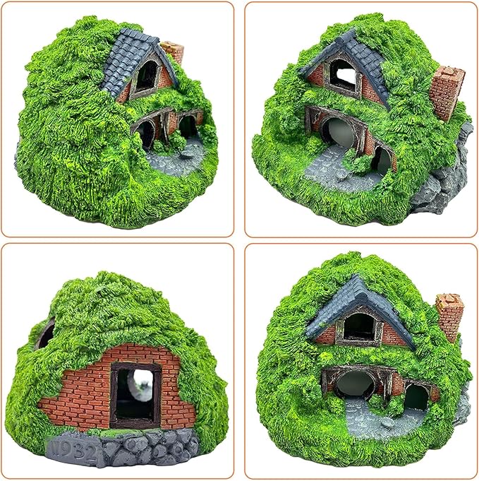 Tfwadmx Fish Tank Hobbit Decorations,Resin Small Fish Cave Hideout House,Aquarium Decor Hide Hole Shelter Hut Ornaments Mini Garden Decorating Accessories