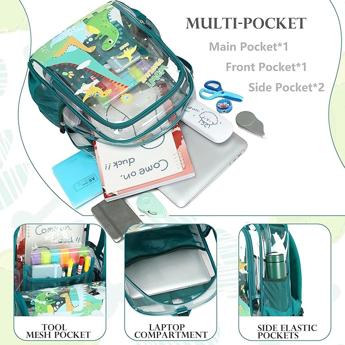 AO ALI VICTORY Clear Backpack for School,PVC Transparent Kids Bookbag for Girls Boys Cute Toddler Back Pack Kindergarten Elementary Schoolbag Stadium Approved See Through Backpacks,Green Dinosaur