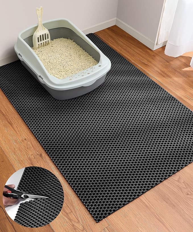 Cooyes Cat Litter Mat - Cut to Fit Any Place, 35"x23" Large Litter Trapping Mat for Litter Box, Easy to Clean, Waterproof & Non-Slip Kitty Pad, Scatter Control to Protect the Floor (Black)