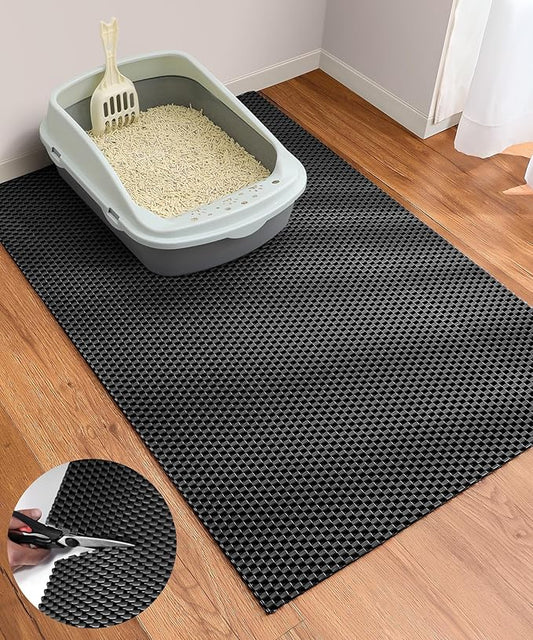 Cooyes Cat Litter Mat - Cut to Fit Any Place, 35"x23" Large Litter Trapping Mat for Litter Box, Easy to Clean, Waterproof & Non-Slip Kitty Pad, Scatter Control to Protect the Floor (Black)