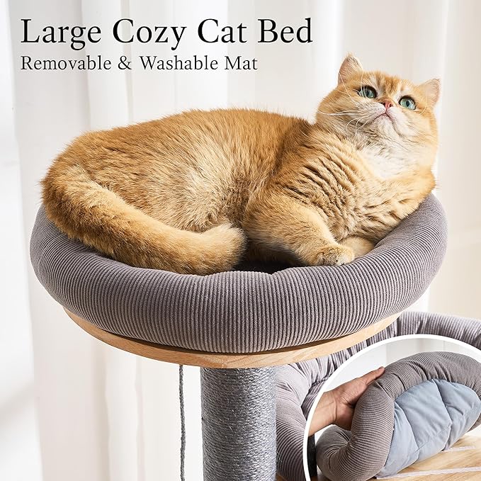 797Audio Wood Modern Cat Tree, 61.5" Cat Tower with Sisal Scratching Posts, Cat Condo, Capsule, Hamnock and Spinner Toy,Solid Wooden Aesthetic Multi-Level Cat Climbing Tree for Adult Indoor Cats-Gray