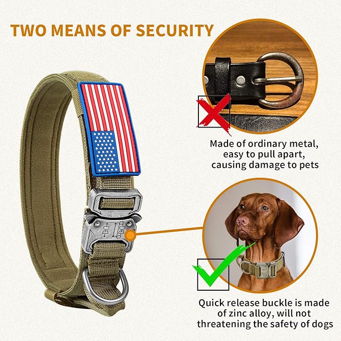 Celifelight Military Dog Collar, Adjustable Nylon, Heavy Duty Metal Buckle with Handle, Includes Airtags Case Cover and Patches, Brown, XL, Suitable for Large Dogs