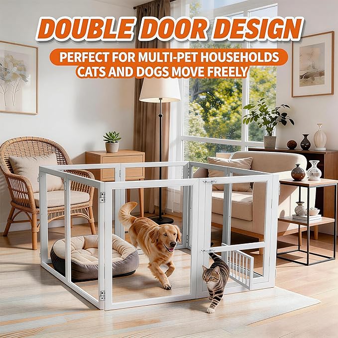 Acrylic Dog Playpen with Door, 27.9“ Height, Heavy Duty Clear Pet Pen, Dog Fence Crate Kennel Whelping Cage, Ideal for Small to Medium Dogs, Cats, and Other Small Pets (White)