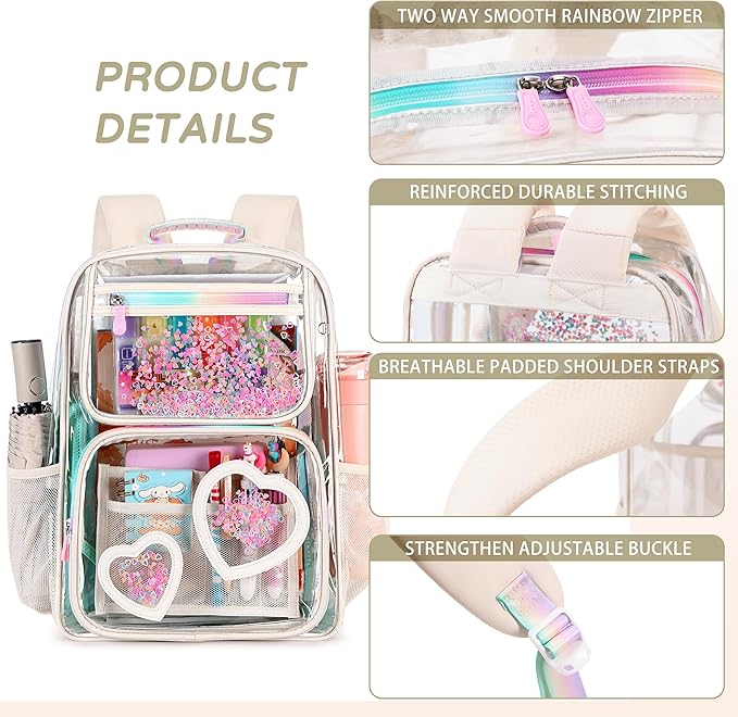 Clear Backpack for Girls,Clear Bookbag Heavy Duty Transparent Backpacks for Stadium Events, See Through Back Pack for Kindergarten Elementary Middle High School (Off-white)