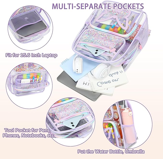 Clear Backpack for School,Large Bookbag Heavy Duty See Through Butterfly Backpacks for Girls Stadium Approved Daypack Transparent Shoulder Bags for Students,Teens,Women,Work,Travel,Concert Purple