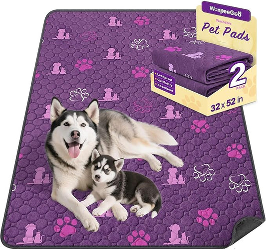 WanpeeGoo Washable Pee Pads for Dogs Mat, 2 Pack Absorbent Reusable Training Dog Pads Pet Puppy Pads, Non-Slip Potty Pads for Whelping, Playpen, Crate, Bed, Purple 32"x52"