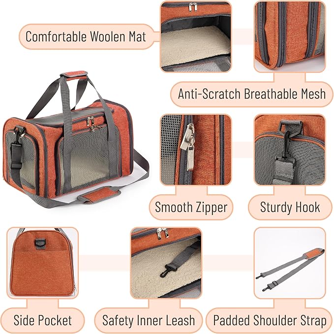 Mr. Pen- Pet Carrier, 17.5" x 11.2" x 11.5", Medium Size, Orange, Portable Travel Carrier for Small Pets, Cats & Small Dogs, Breathable Mesh, Safety Inner Leash, Side Pocket & Padded Shoulder Strap