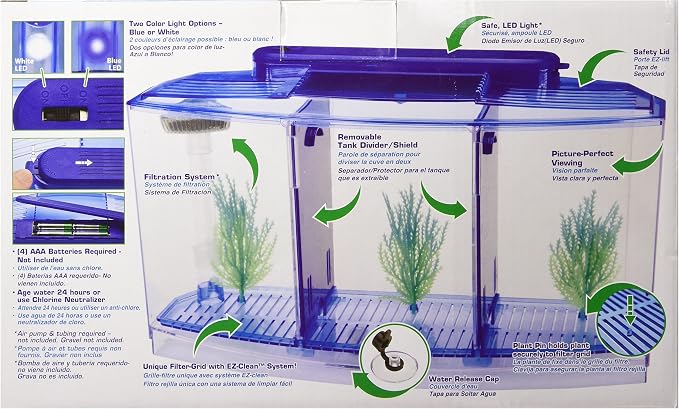 Penn-Plax Deluxe Triple Betta Bow Aquarium Tank - Includes Under Gravel Filter & Plastic Plants - 0.7 Gallon
