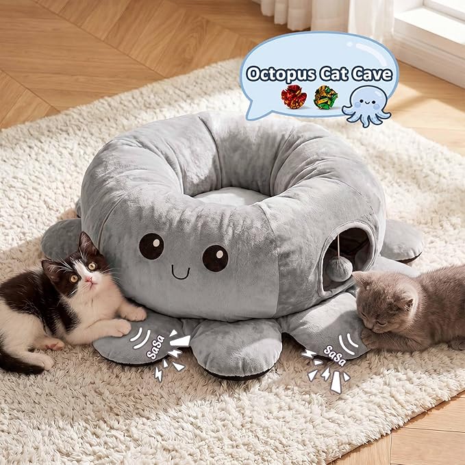 Cat Tunnel Bed for Indoor Cats, Peekaboo Cat Cave Bed with 20 Pcs Cat Toys, Soft Cat Donut Tunnel for Kitten Large Cats, Grey Octopus