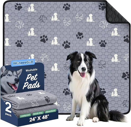 WanpeeGoo Washable Pee Pads, Puppy Pee Pad for Dogs, 2 Pack Absorbent Reusable Training Dog Pads Pet Puppy Pads, Non-Slip Potty Pads for Whelping, Playpen, Crate, Bed, Grey 24"x48"