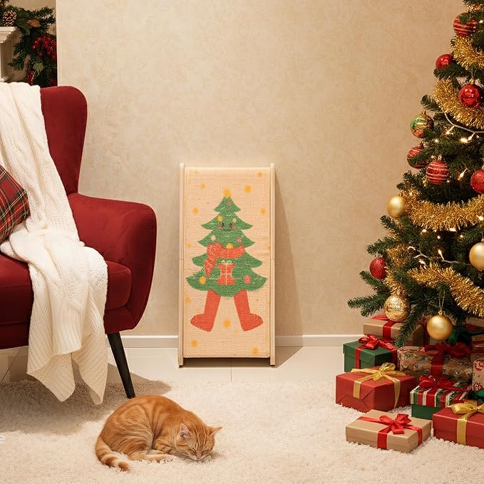 PETKARAY L Shape Cat Scratcher, Sisal Kitty Scratching Ramp, Vertical Scratch Pad for Indoor Cats, 25.2" Furniture Protector with Catnip, Festive Edition