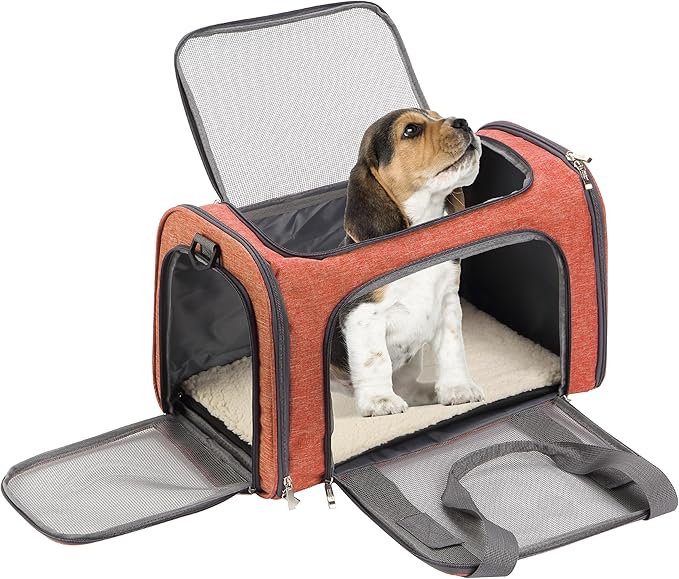 Mr. Pen- Pet Carrier, 17.5" x 11.2" x 11.5", Medium Size, Orange, Portable Travel Carrier for Small Pets, Cats & Small Dogs, Breathable Mesh, Safety Inner Leash, Side Pocket & Padded Shoulder Strap