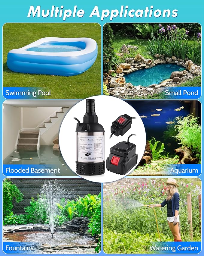 Cordless Submersible Water Transfer Pump, 1100GPH Battery Powered Sump Pump for Hot Tub, Portable Submersible Utility Pump for Camping, Rain Barrel, Includes 21V Battery, Charger and Adapter