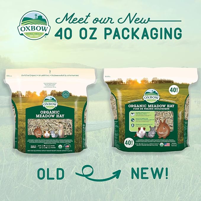 Oxbow Organic Meadow Hay, Guinea Pig & Rabbit Hay, Small Pet Bunny Supplies, All Natural Grass for Guinea Pig, Bunny, Chinchilla & Hamster, Rabbit Supplies for Bunnies, 40 oz Bag