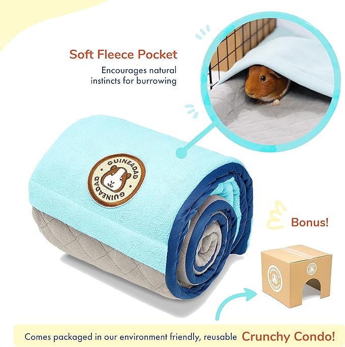 GuineaDad Original Reusable Cage Liner – Blue Fleece Bedding with Burrowing Pocket – Extra Absorbent Core & Waterproof Bottom – Fits C&C 2x4 Guinea Pig Cages – Small Animal Supplies