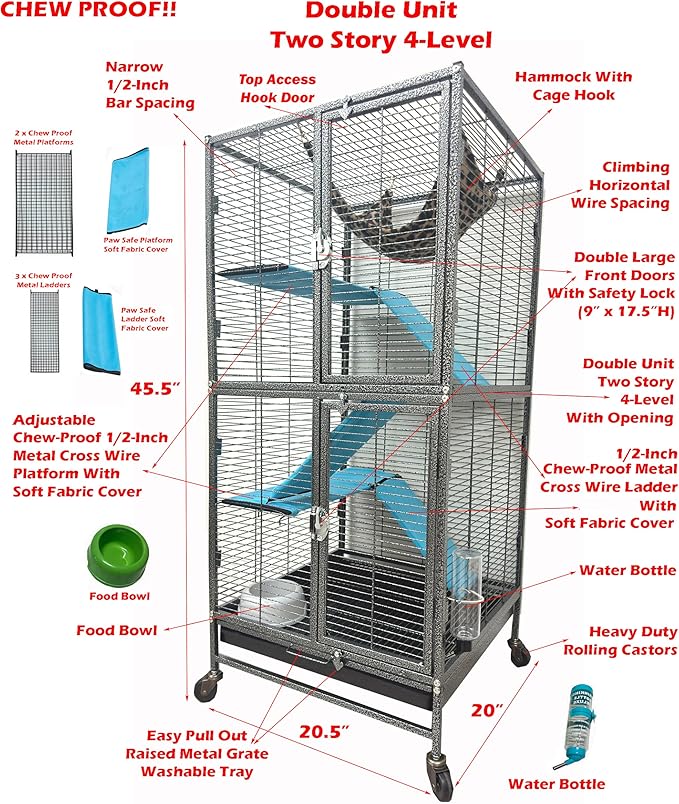 Deluxe Double Unit Two Full Story Durable Front Doors Tight 1/2-inch Wire Spacing Chew-Free Small Animal Critter Home Cage Water Bottle Food Bowl for Feisty Ferret Hammock Rat Mice On Wheels