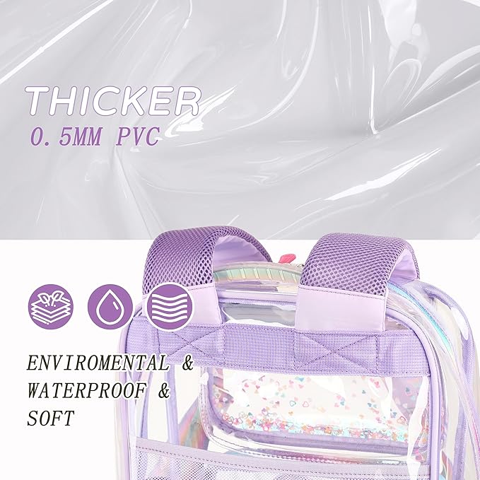Clear Backpack for School,Large Bookbag Heavy Duty See Through Butterfly Backpacks for Girls Stadium Approved Daypack Transparent Shoulder Bags for Students,Teens,Women,Work,Travel,Concert Purple