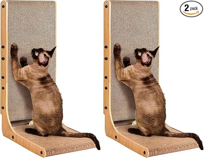 EHEYCIGA Cardboard Cat Scratcher for Indoor Cats, 26.8 Inch L Shaped Vertical Cat Scratching Board with Ball Cat Toy, Large Cat Scratcher Pad, Brown (Pack of 2)